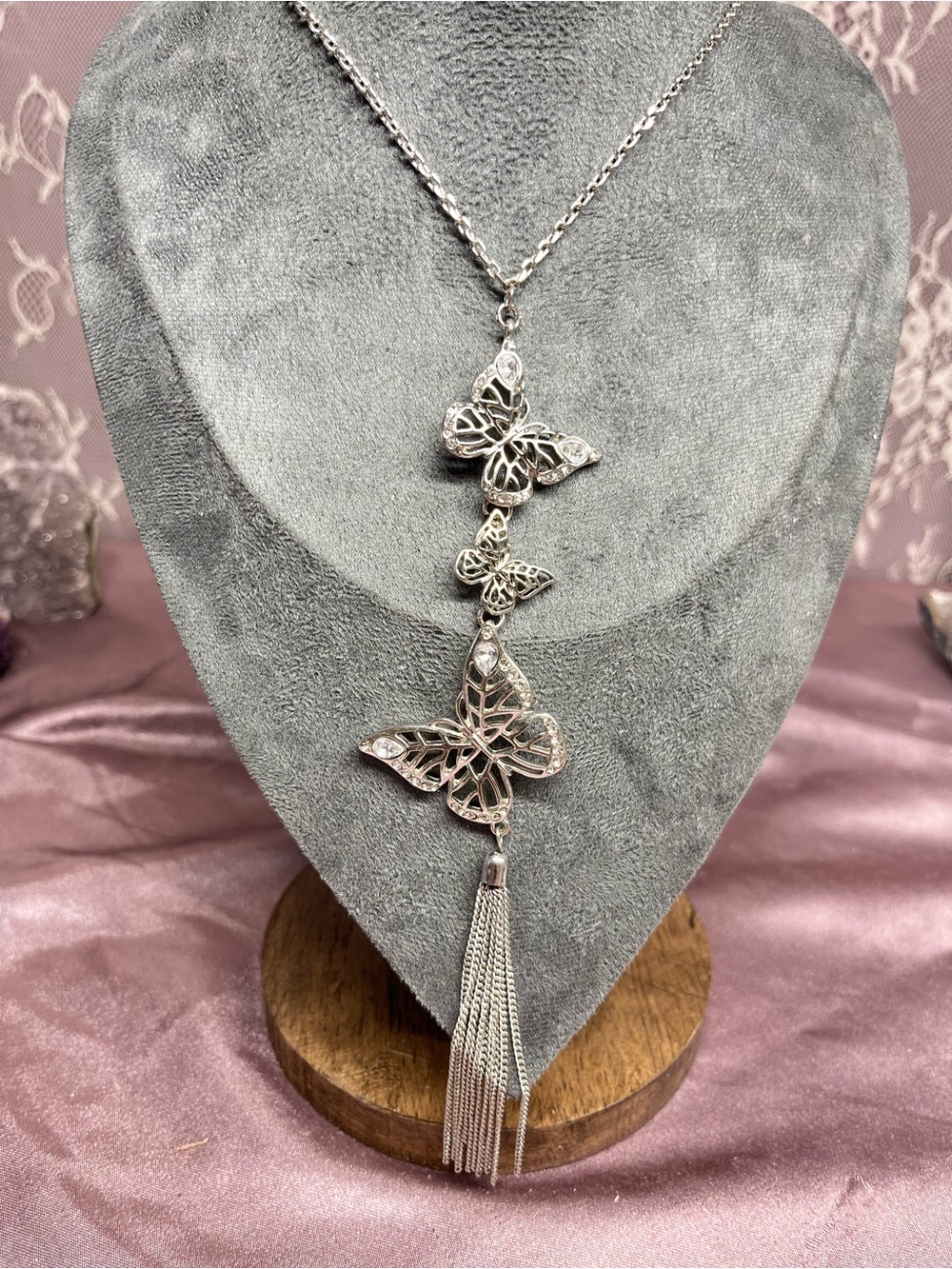 1946 Brand Long Silver-Tone Butterfly Rhinestone Tassel Statement Necklace 34”